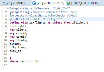 Figure 21 — The ZLHflights CDS view displayed in the editor within the Eclipse IDE workspace