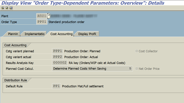 Figure 11 Transaction OPL8 Order Type Dependent Parameters, Cost Accounting Tab