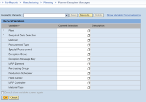 Figure 13 Sample Selection Screen from SAP BI Report