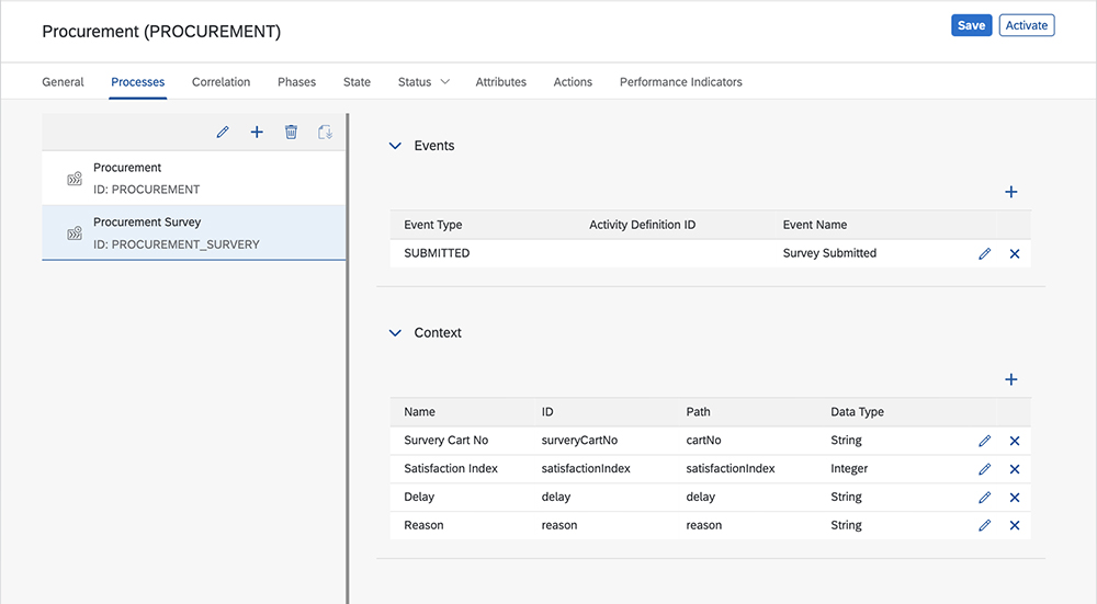 Figure 8 — For the survey process, specify the survey submitted event and survey responses as context for deeper insight