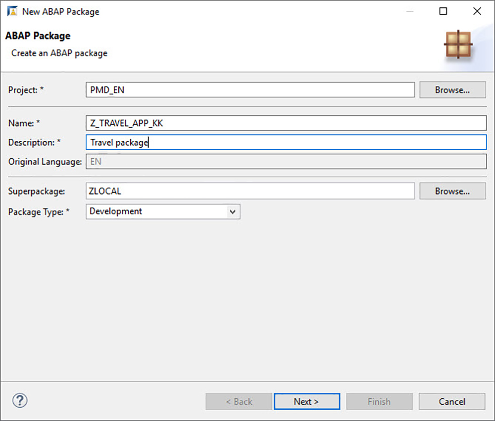 Figure 5 — Define an ABAP package to contain the application components