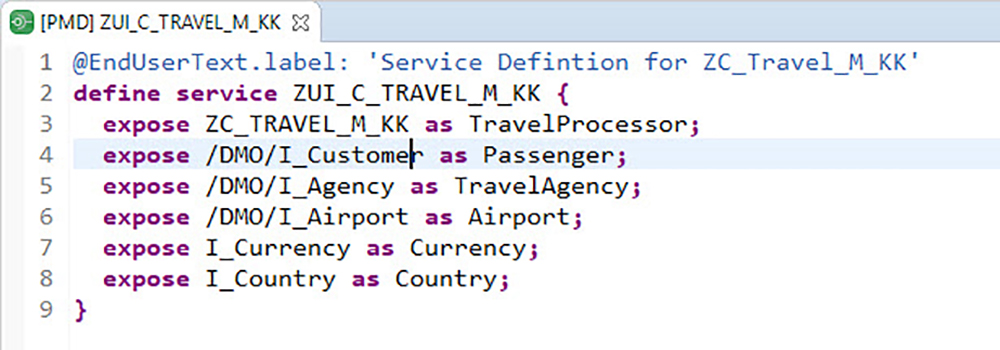 Figure 24 — The ZUI_C_TRAVEL_M_KK service definition for exposing the CDS entities
