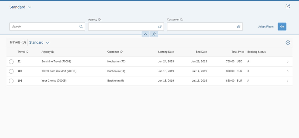 Figure 27 — A preview of the travel request in a generated SAP Fiori template application