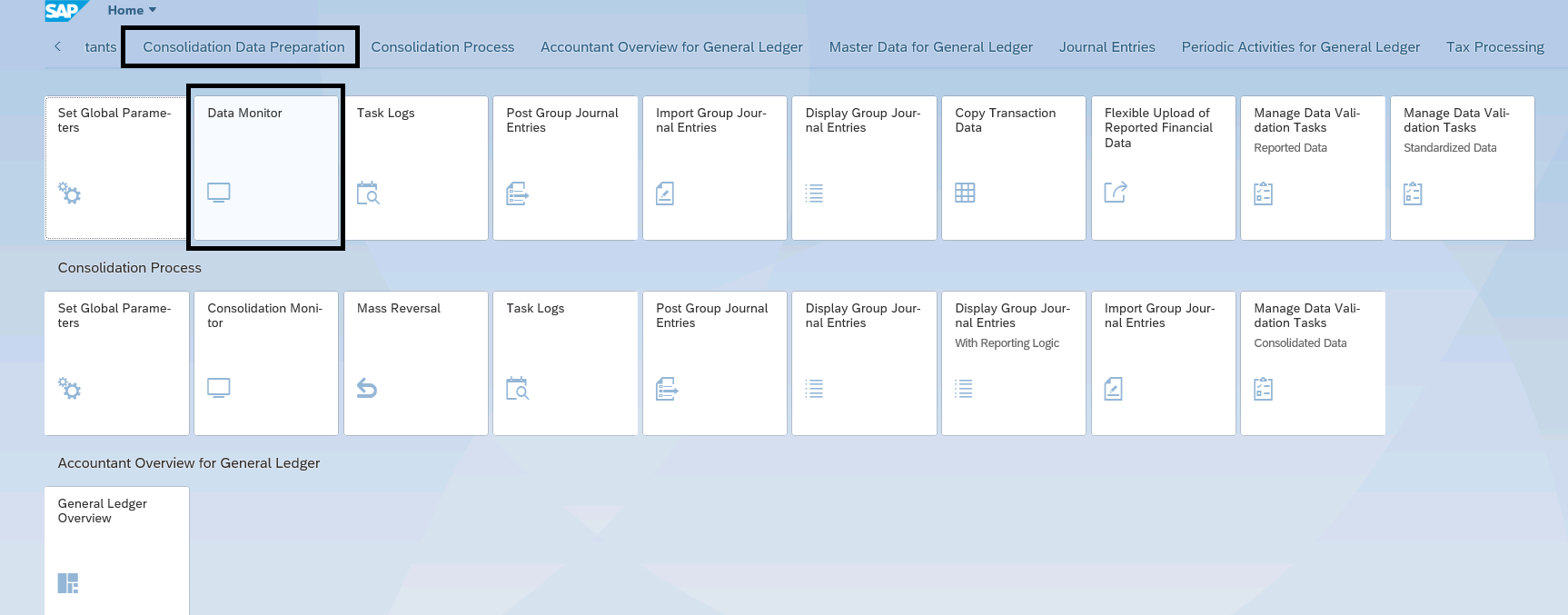 Figure 2— Accessing the Data Monitor from the Fiori Tile in the Consolidation Data Preparation