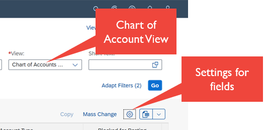 Figure 3—Select ‘Settings for fields’ to display additional GL master data columns prior to selecting one or more accounts to maintain