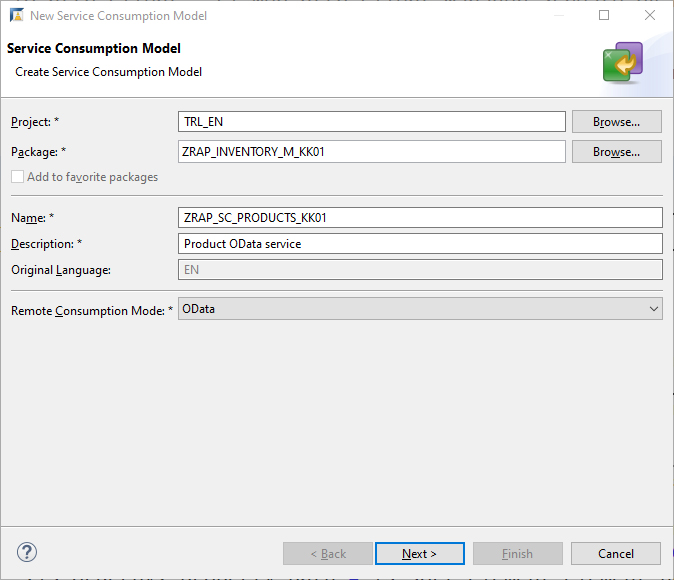 Figure 4 — Provide a name and description for the OData client call service consumption model