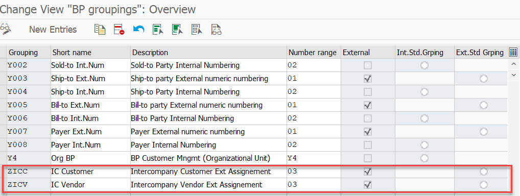 Figure 10: Assign an external number range (03) to BP for I/C customers and vendors