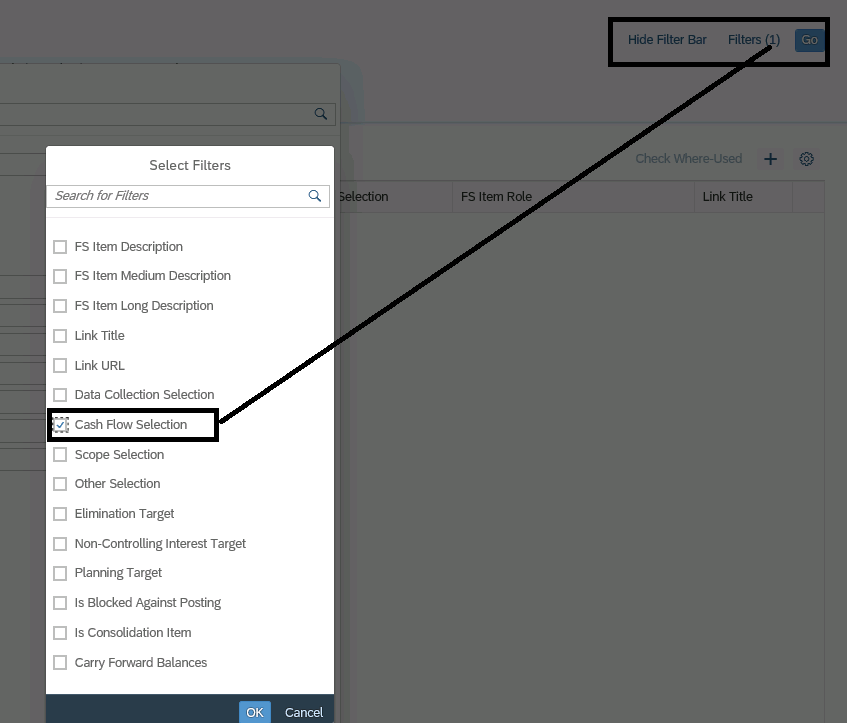 Figure 6—Activating the Cash Flow attribute to identify the Source FS Items linked to the Reporting Rules