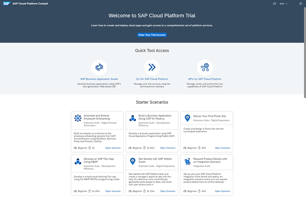Figure 2 — The welcome page for an SAP Cloud Platform trial accountFigure 2 — The welcome page for an SAP Cloud Platform trial account