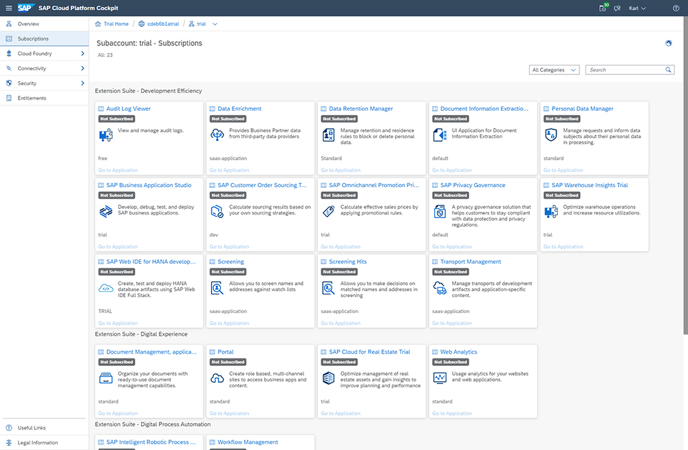 Figure 5 — The subaccount page lists all of the applications available for subscription