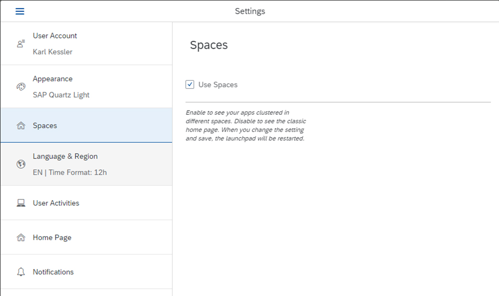 Figure 59 — Enable spaces in the user’s SAP Fiori launchpad preferences