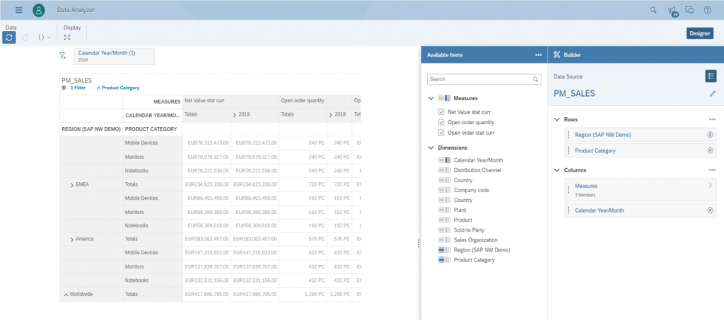 Figure 1 The Data Analyzer in SAP Analytics Cloud provides direct, self-service access to queries in SAP BW/4HANA