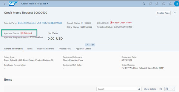 Figure 15 Rejected credit memo request