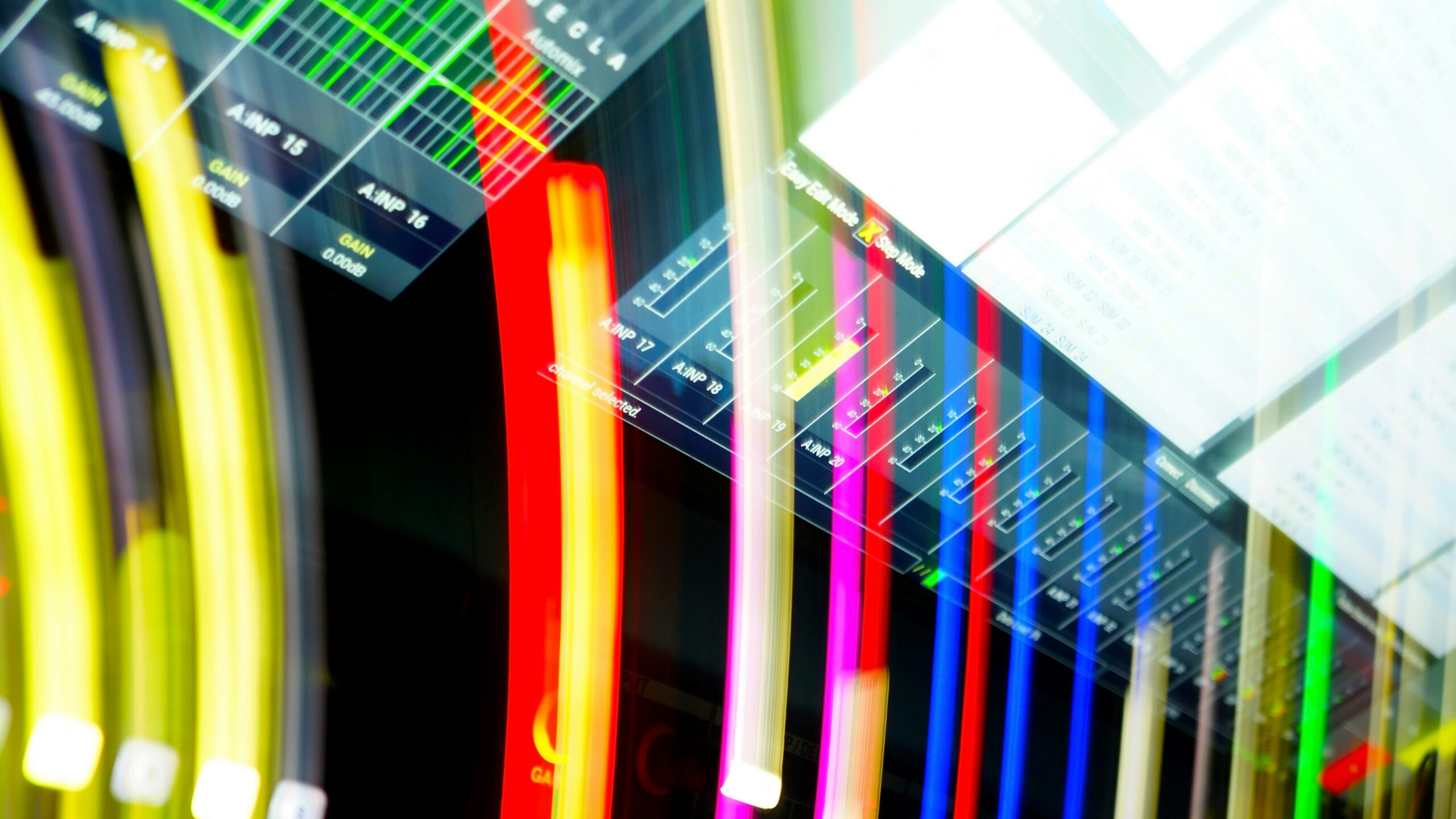 Abstract colorful light streaks overlaying a digital dashboard interface, symbolizing high-speed data fabric orchestration and SAP ERP modernization.