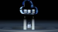 Translucent blue glass cloud holding stacked server data above a padlock and two illuminated pillars on concentric rings, representing a secure, controlled SAP ECC to S/4HANA conversion.