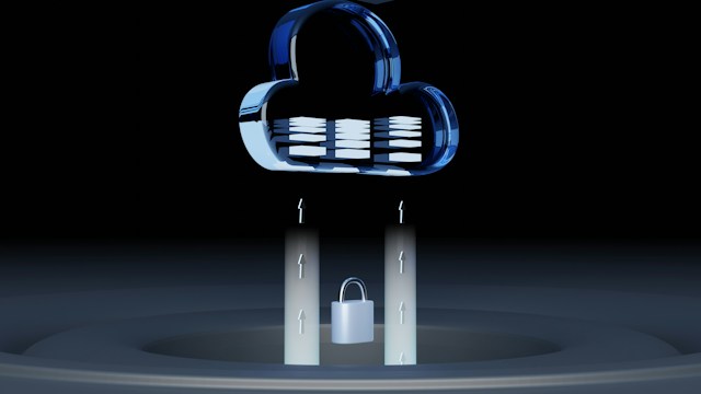 Translucent blue glass cloud holding stacked server data above a padlock and two illuminated pillars on concentric rings, representing a secure, controlled SAP ECC to S/4HANA conversion.